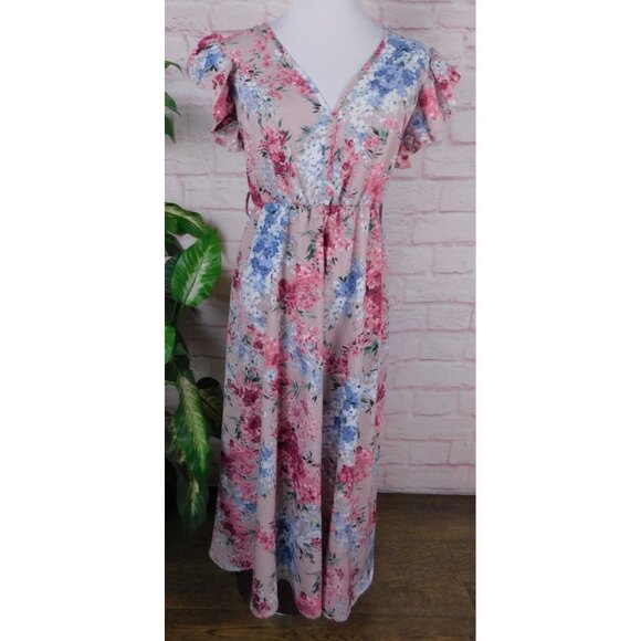 Floral Ruffle Madi Dress Sz S Boho Chic Lightweight Pink Blue Summer - Picture 1 of 14